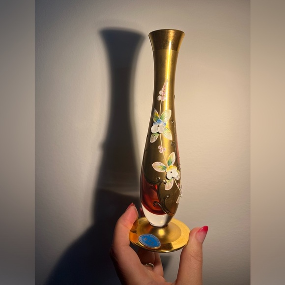 Vintage RTL Bohemian Pink Gold Floral Glass Vase Handmade Hand painted Mcm - Picture 6 of 12